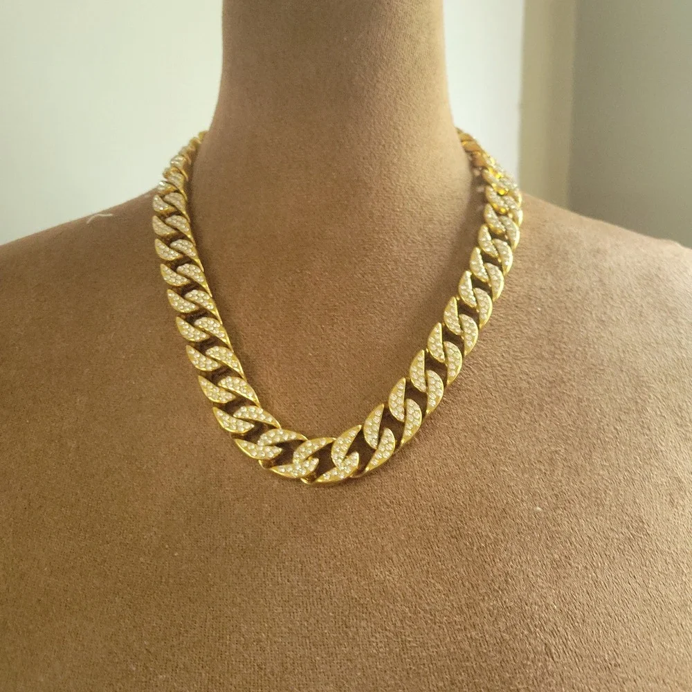 Gold Iced Out Rhinestone Cuban Link Curb Chain Necklace 20 Inch Streetwear